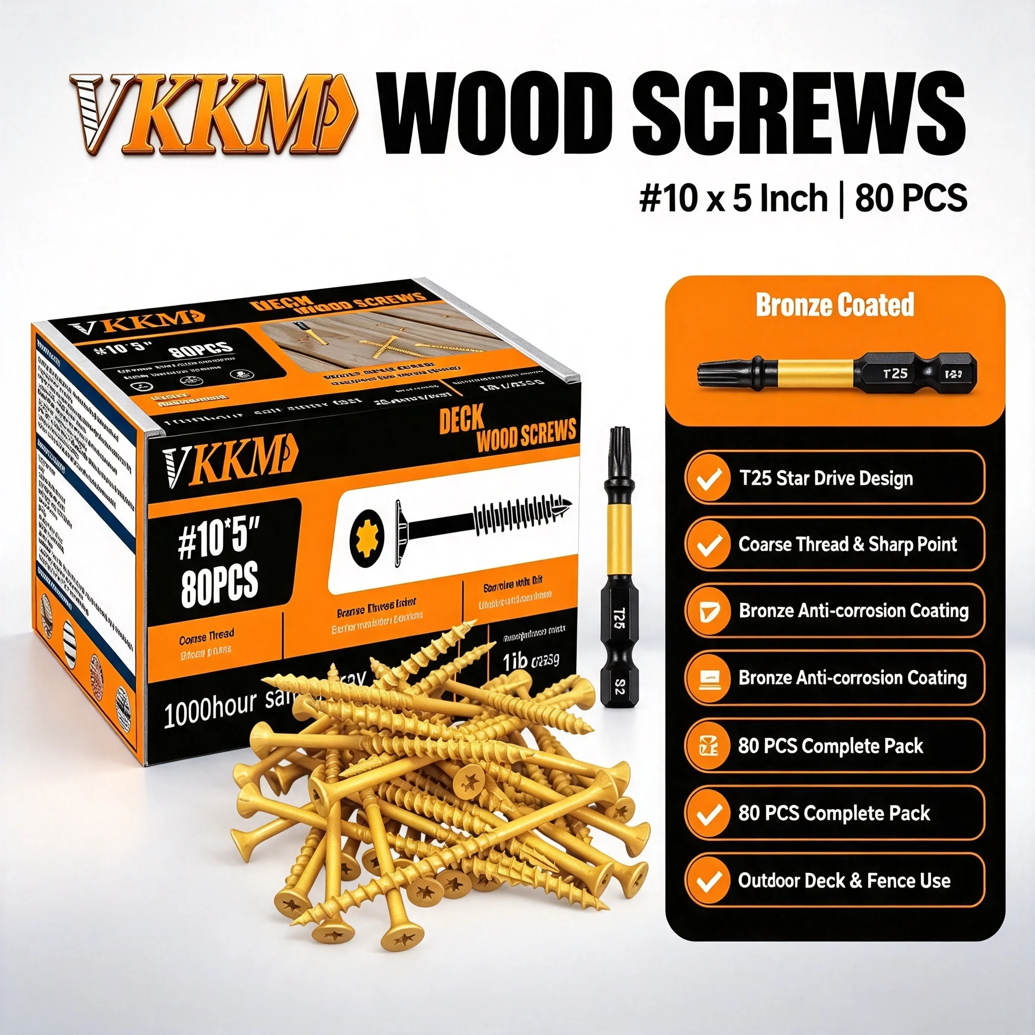 VKKM Deck Wood Screws #10 X 5 Inch 80PCS Yellow Coated Torx Star Drive Self Tapping Screws with T25 Bit for Outdoor Fence Patio Wood Construction