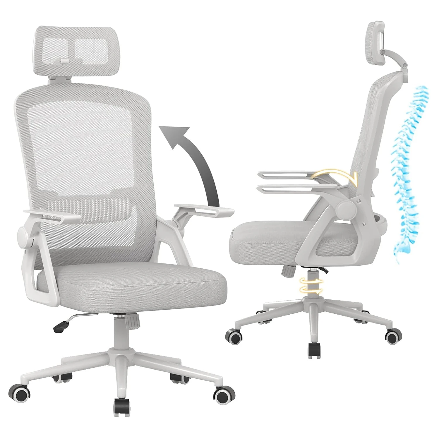 Image of Naspaluro Sedia da ufficio ergonomica Sedia da scrivania con poggiatesta Copertura in rete traspirante Supporto lombare Sedia per computer 360 ° Sedia girevole cod004