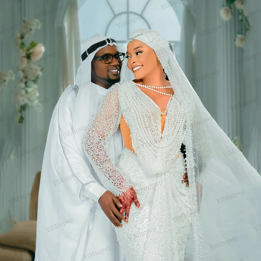 Aso Ebi فستان زفاف دانتيل 2025 فاخر كم طويل لؤلؤ رقبة دائرية مزين بحورية البحر من خلال فساتين العروس سويب تراين مخصص #3