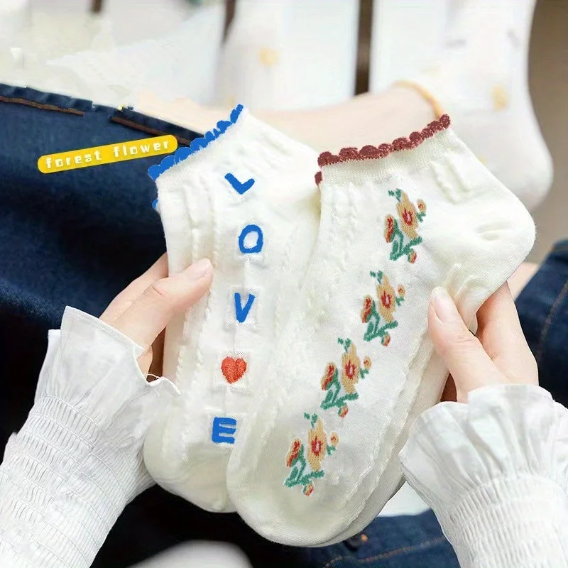 [ถุงเท้าลายดอกไม้ 5 คู่ น้ำหนักเบา ขอบระบาย] ถุงเท้าข้อสั้นลายดอกไม้ น่ารัก น้ำหนักเบา ขอบระบาย ถุงเท้าผู้หญิง