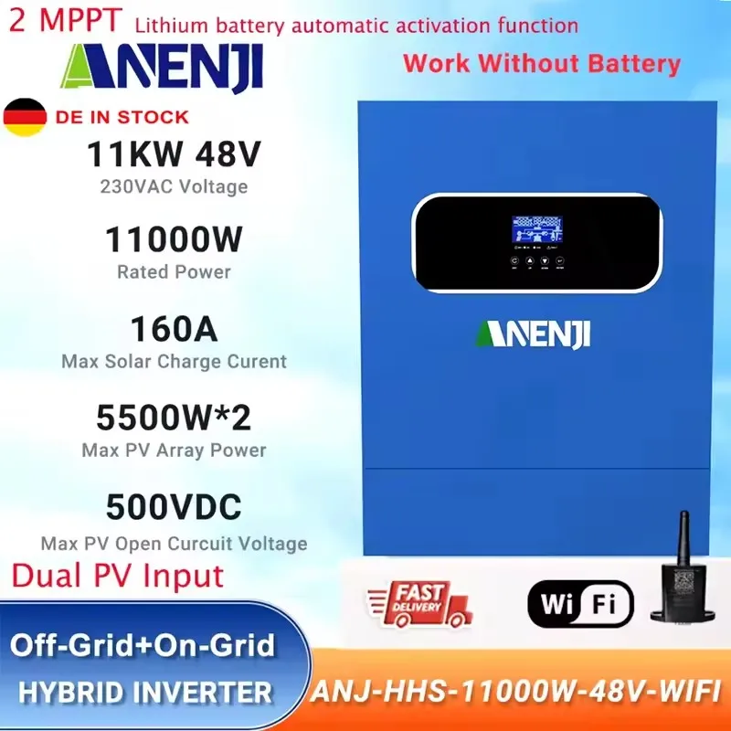 11KW 48V Hybrid Solar Inverter 220VAC Off Grid Tie Inverter Pure Sine Inversor Built-in 160A MPPT Solar Charger Dual PV Input ﻿