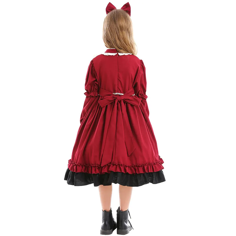 Girls Red Lolita Princess Dress Kawaii Long Sleeve Ball Gown Dress with Cute Headgear Kids Girls Birthday Party Outfits Vestidos