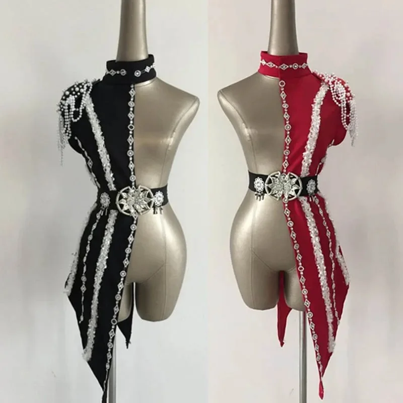Nowa moda kobieta Patchwork kostiumy sceniczne Kobieta ds Piosenkarka dj kostiumy dla dorosłych biały naszyjnik z pereł złoty łańcuszek odzież taneczna — zdjęcie 2