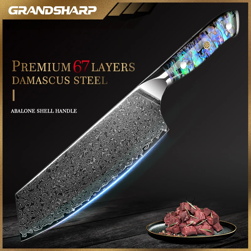 Grandsharp Damascus Cleaver Knife 7 Inch Japanese Damascus Steel Vegetables Meat Kitchen Cooking Tools Cutlery Abalone Shell NEW