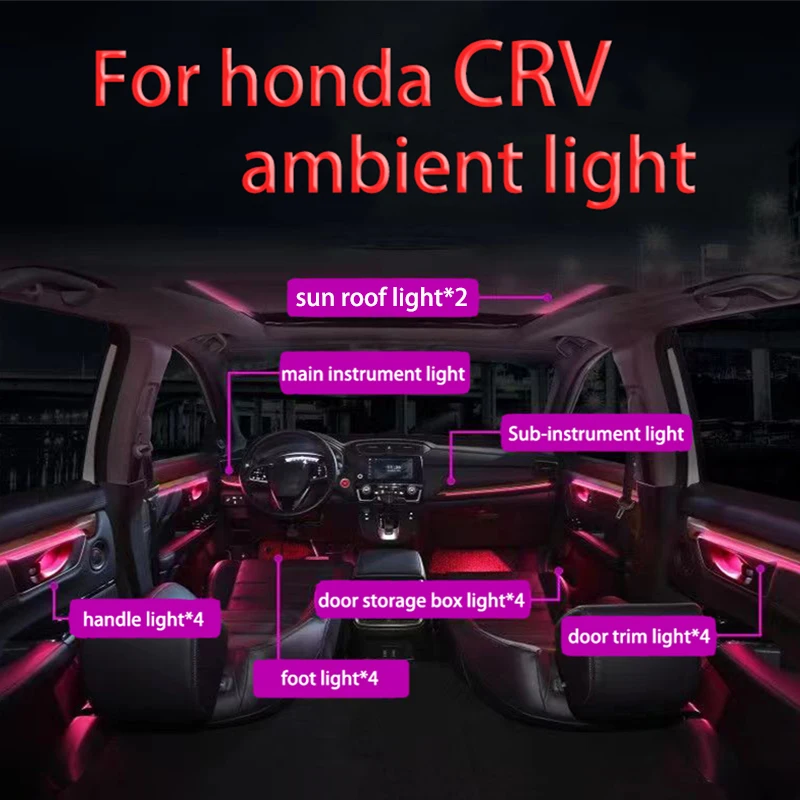 For Honda17-21CRV Car Ambient Light 64 Colors Interior Decoration Acrylic 1:1 mold light Strip  Mobile App and button control