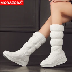 MORAZORA Plus size 35-44 new fashion winter snow boots platform shoes footwear mid calf women boots solid color zipper white