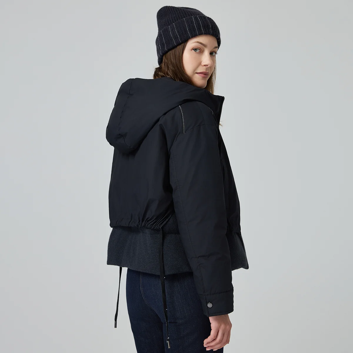 BY3521416 Women's Cropped Hooded Duck Down Jacket Zip Front Puffer Coat Wool Hem Warm Winter Outerwear Daily Wear