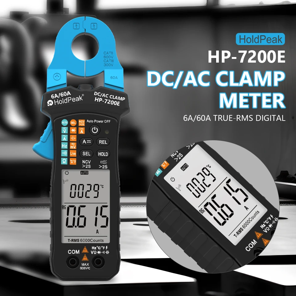 HOLDPEAK HP-7200E DC/AC Digital Clamp Meter,True-RMS Auto-Range,6000 Counts LCD Display, NCV ,Capacitance & Frequency Diode Test