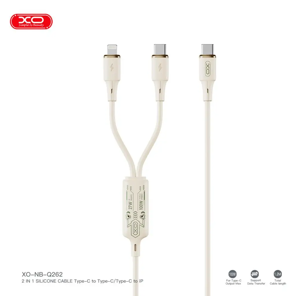 Cable de Carga Rapida 2 en 1 XO-NB-Q262 de Silicona Liquida Suave Tipo C 60W y Lightning 27W para iPhone y Android Transferencia de Datos y Carga Simultanea de Alta Velocidad Longitud 1.2m Diseño Elegante Beige con Acabados Dorados Premium