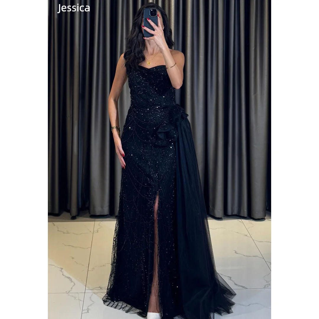 

Jessica Navy Blue Evening Dresses Slim Fit Sparkling Beads Prom Dresses Off-shoulder Elegant Lady Formal Occasions PartyDresses