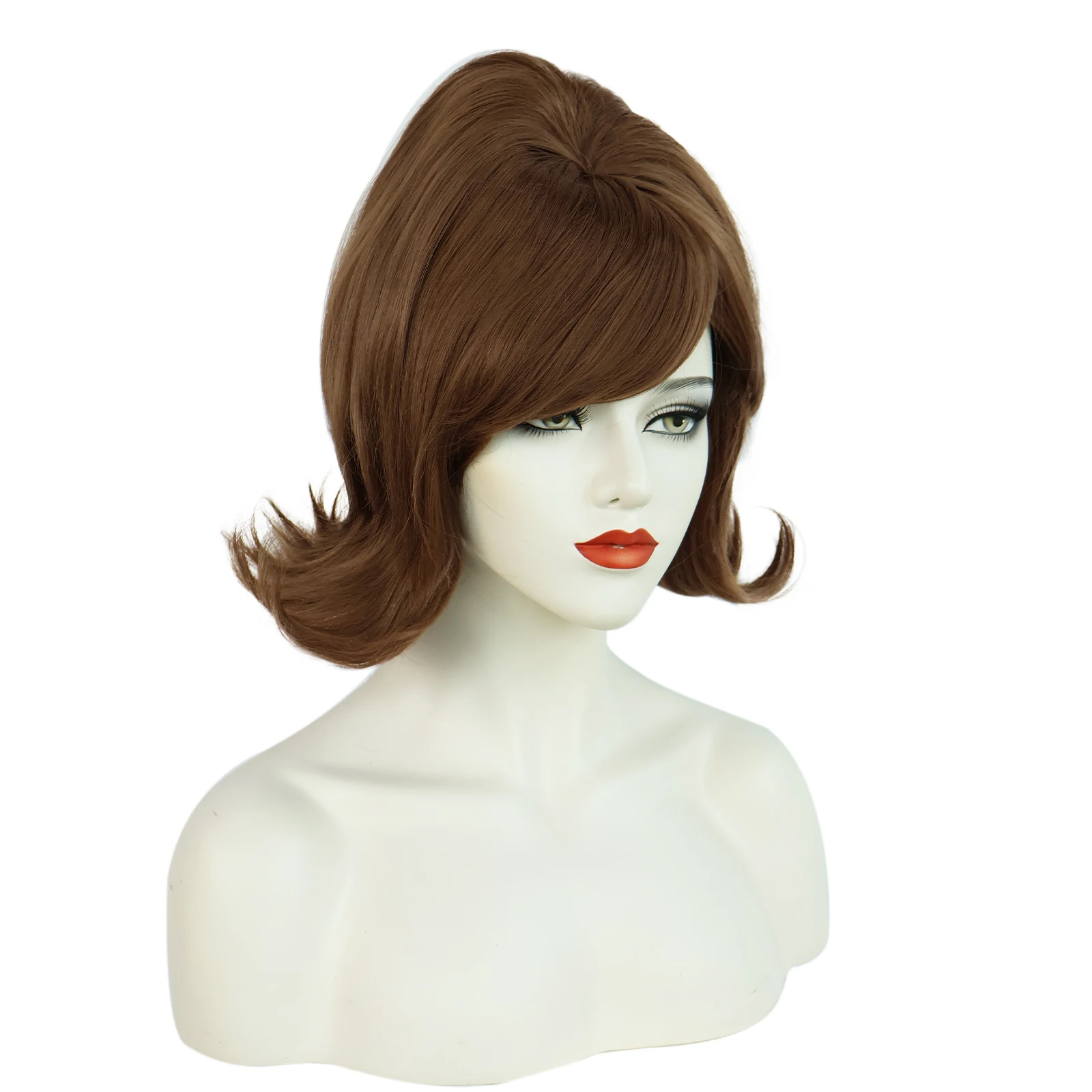 Synthetic Brown Womens 60s Retro Beehive Wigs, 70s Pinup Pelucas Short Flip Wig for Halloween Party Wig