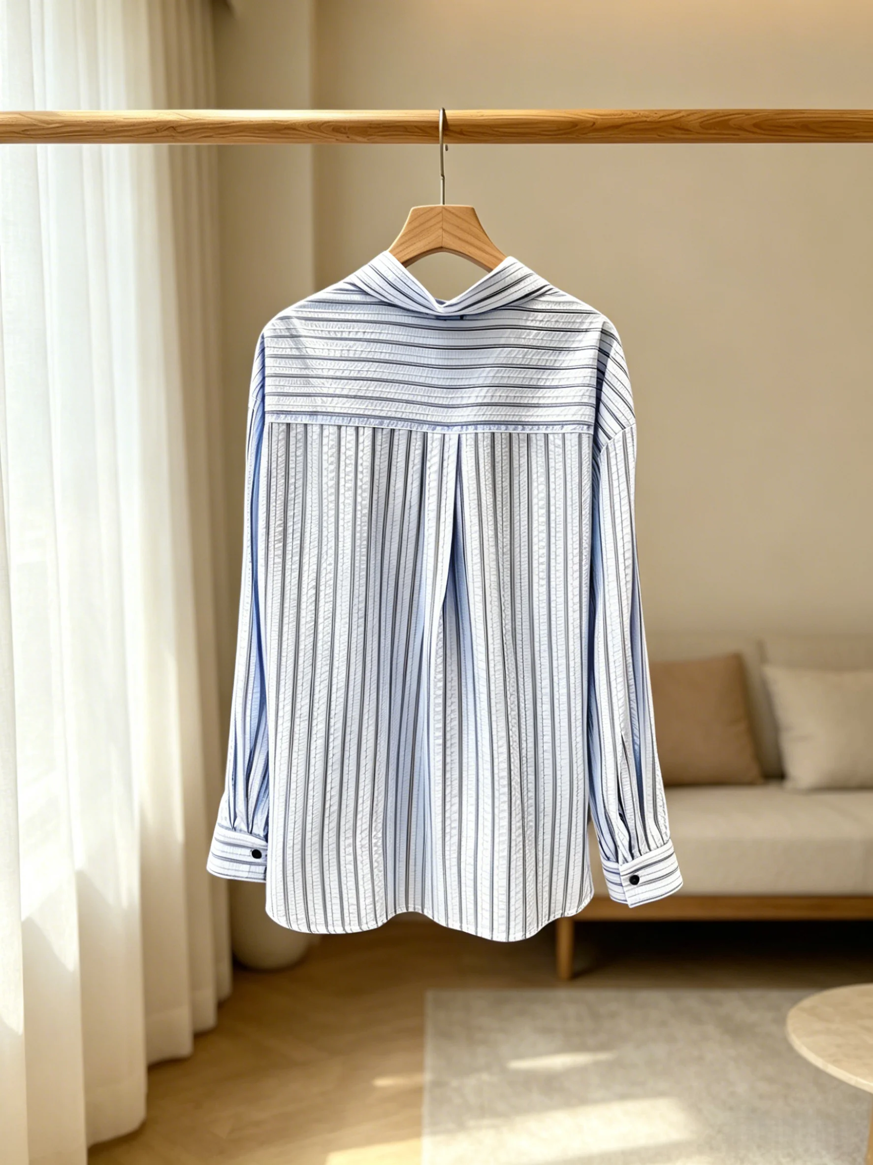 2026 Spring and summer Women's Striped Button-Up Shirt Loose-Fit Back Pleated Long-Sleeve Top Casual Office Top ZX050