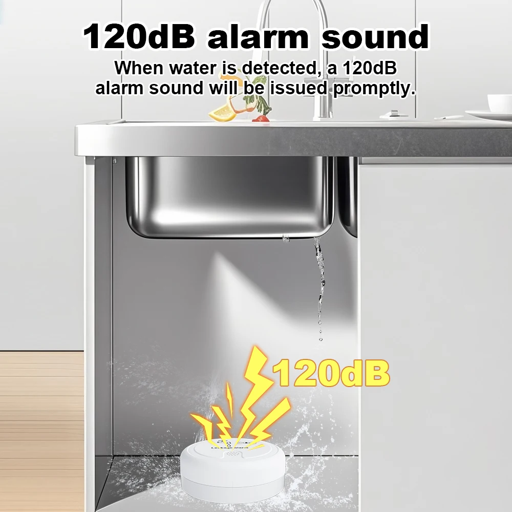 Water Leakage Alarm Water Leak Detector Alarm with 120dB Siren Flood and Water Leak Sensor Kitchen/Bathroom
