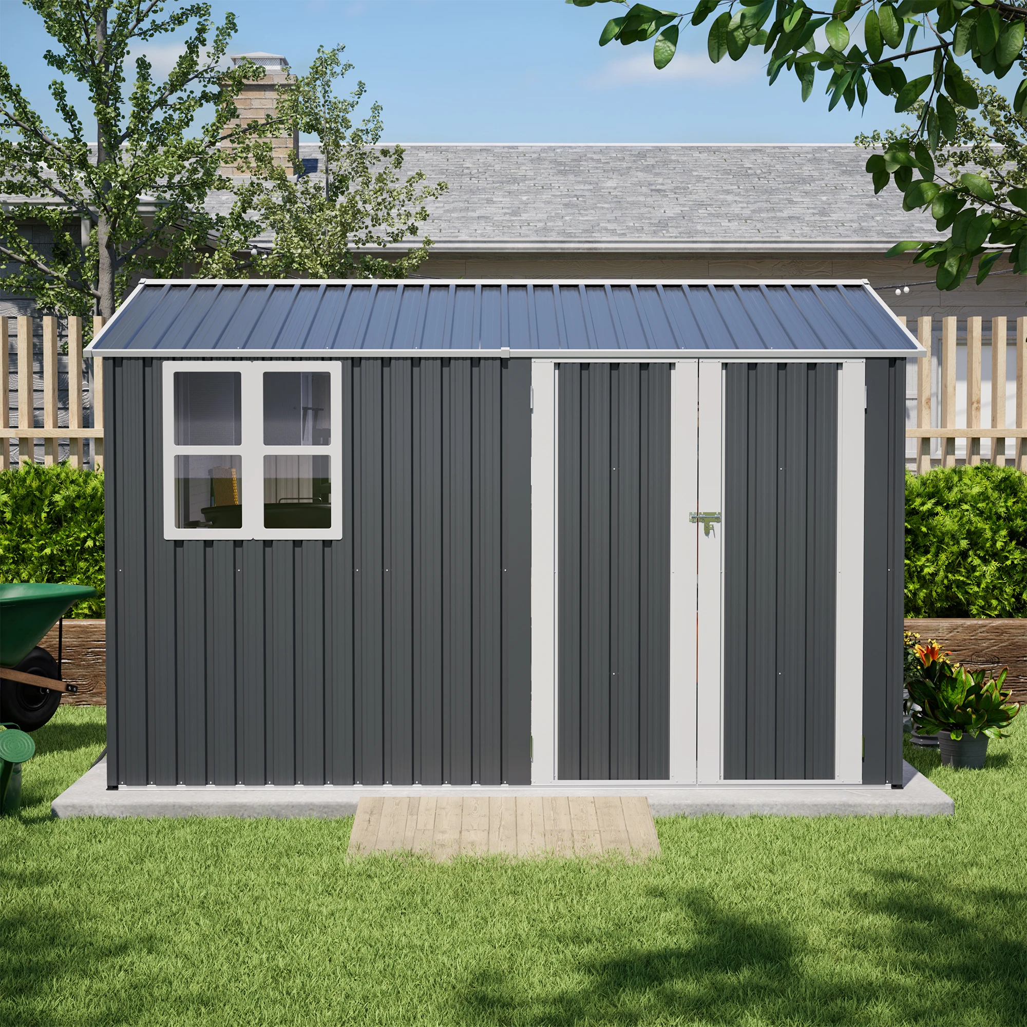 

10x8 ft steel outdoor shed with window, lockable doors, weather-resistant garden storage 10x8 ft Gray With Floor Frame