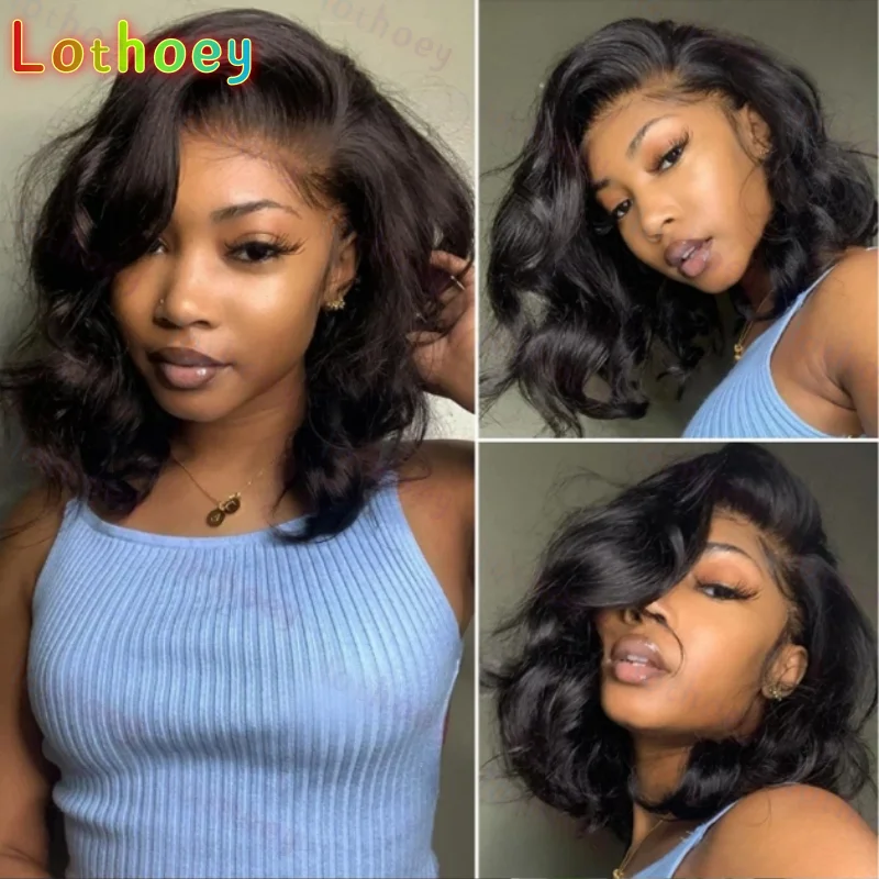 

200% Density Short Bob Body Wave Lace Frontal Wig Brazilian Remy Human Hair Wigs Silk base Wig Natural Black Color