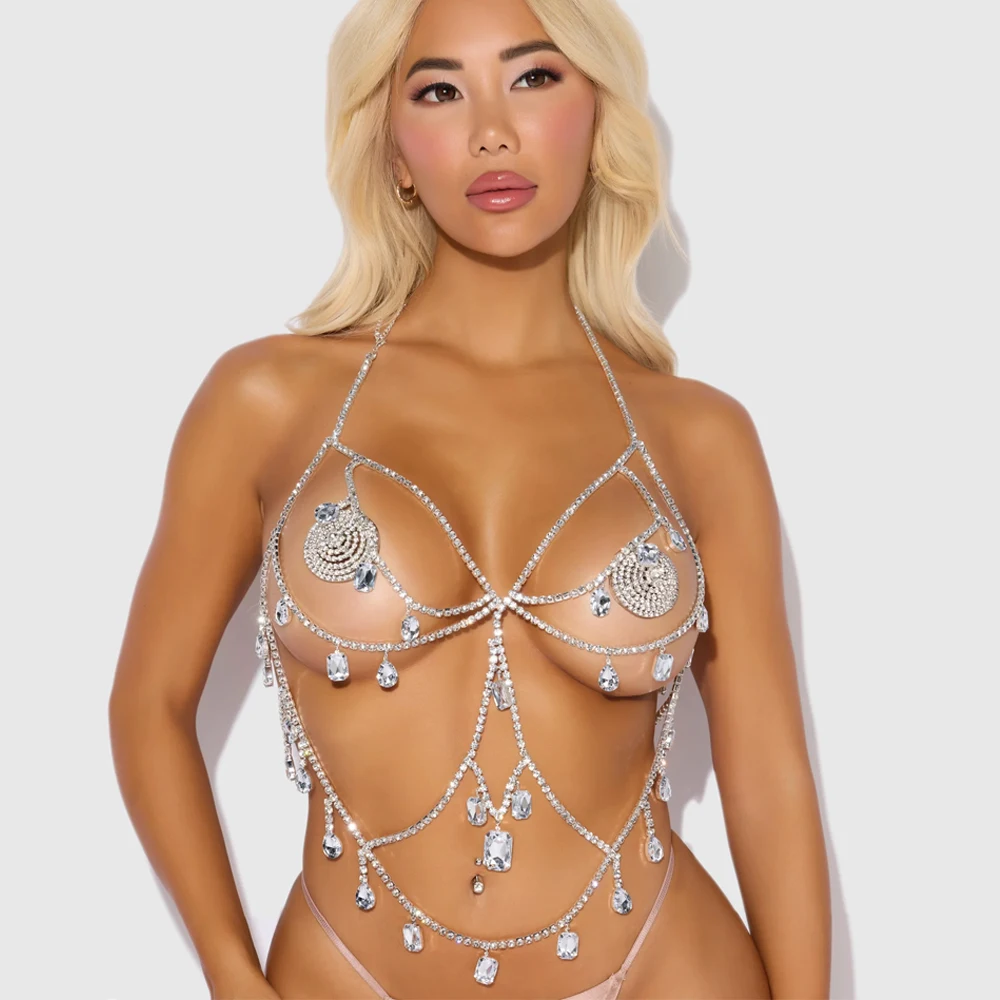 Sexy Hollow Rhinestone Chest Chain Bikini Women Necklace Accessories Fashion Crystal Body Chain Bra Waist Charm Jewelry