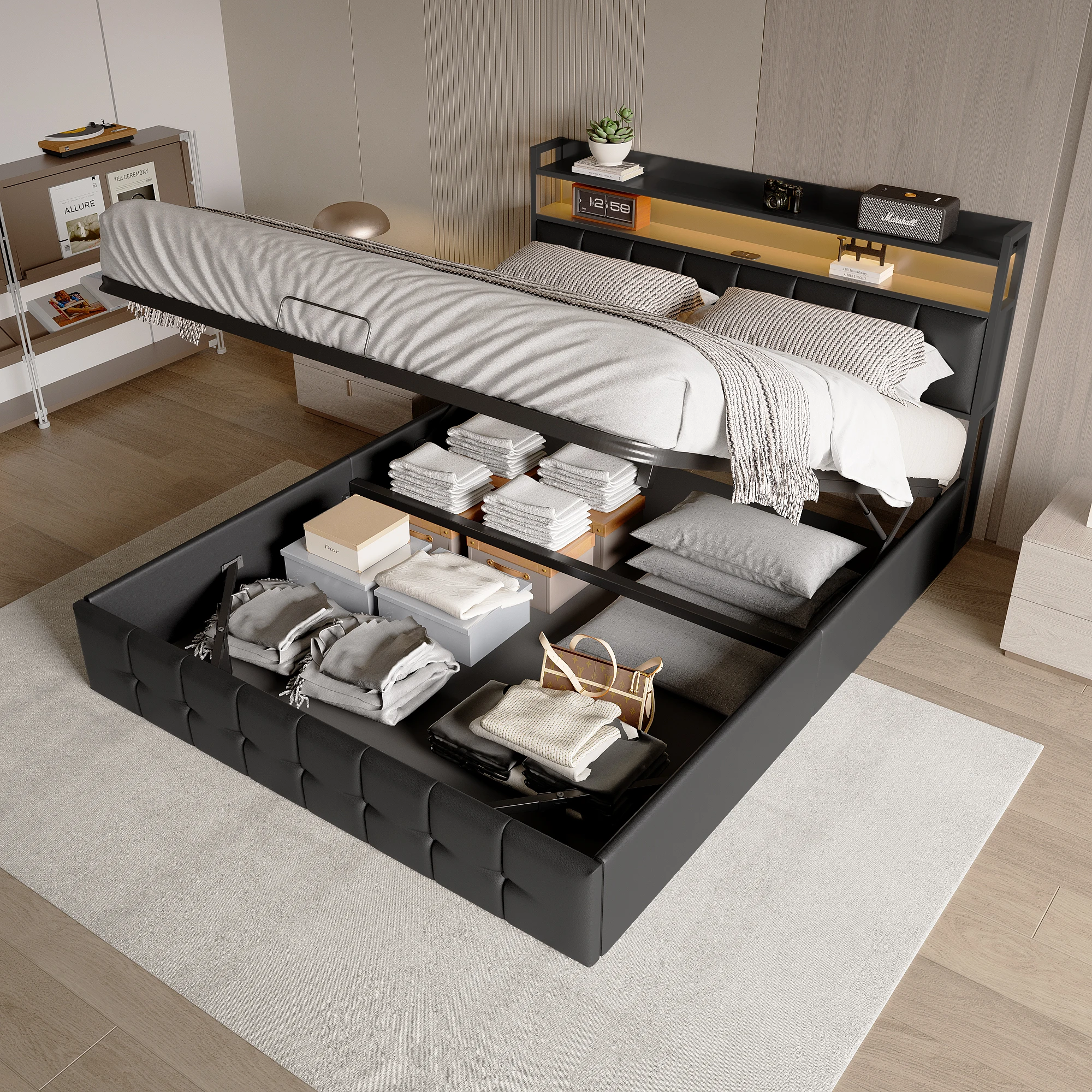 Anajqaqia Letto matrimoniale imbottito 160x200 cm, letto idraulico con spazio di archiviazione, con ricarica USB e illuminazione a LED, PU, nero