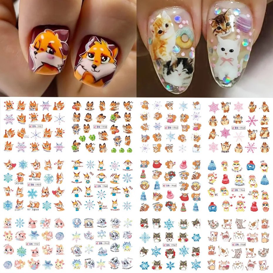 12pcs Animal Nail Stickers Winter Snowflake Cartoon Fox Cat Rabbit Water Transfer Manicure Slider Nail Accessories NLBN1957-1968