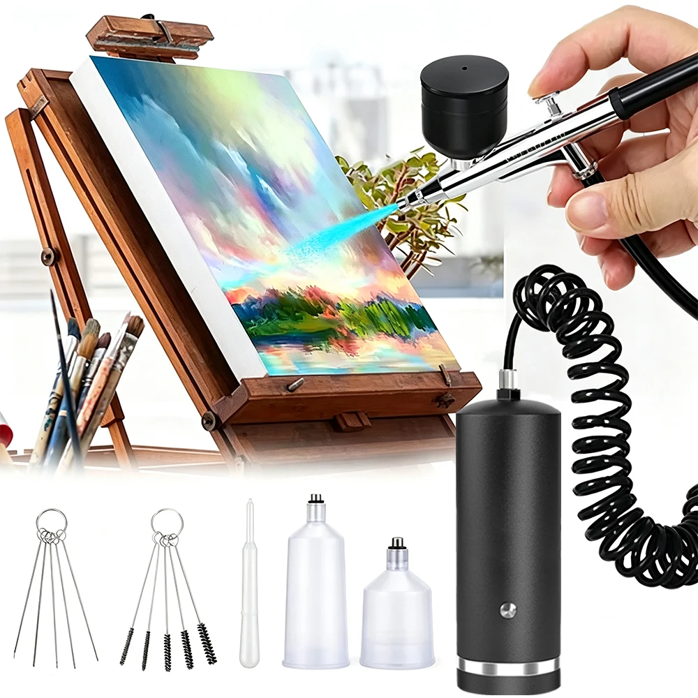 Image of Airbrush-Set mit Kompressor, wiederaufladbarer Spritzpistole, kabelloses Airbrush-Set mit 0,3-mm-Düse zum Malen, für Nageldesign und Modellbau.