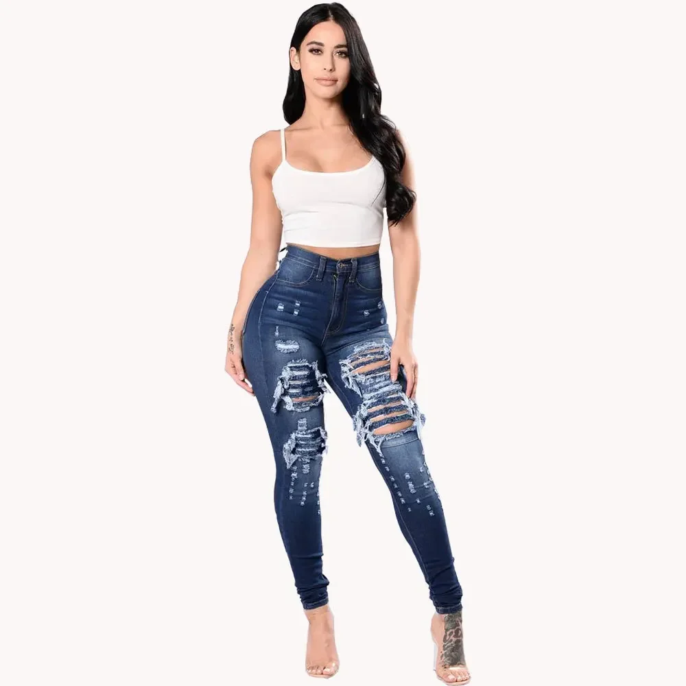 HOLE Denim Women 2025 High Waist Ripped Jeans for Women Skinny Black Pockets Jeans Woman Elastic Slim Jean Female Femme Pants — zdjęcie 2