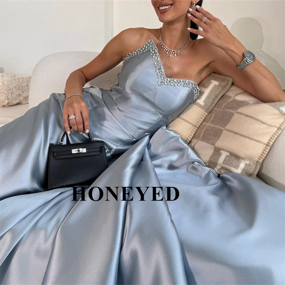 HONEYED Blue Elegant Sequined Party Dress Sleeveless Sweetheart Long Prom Gown Dubai Draped Train Formal Dresses For Women 2024