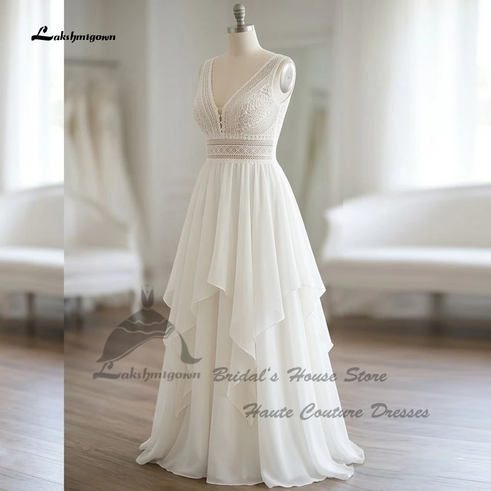 Lakshmigown Vintage Chiffon Strand-Hochzeitskleider 2027 Zivile Boho-Brautkleider mit Rüschen, V-Ausschnitt, Spitzenoberteil, Maßanfertigung – Detail 3