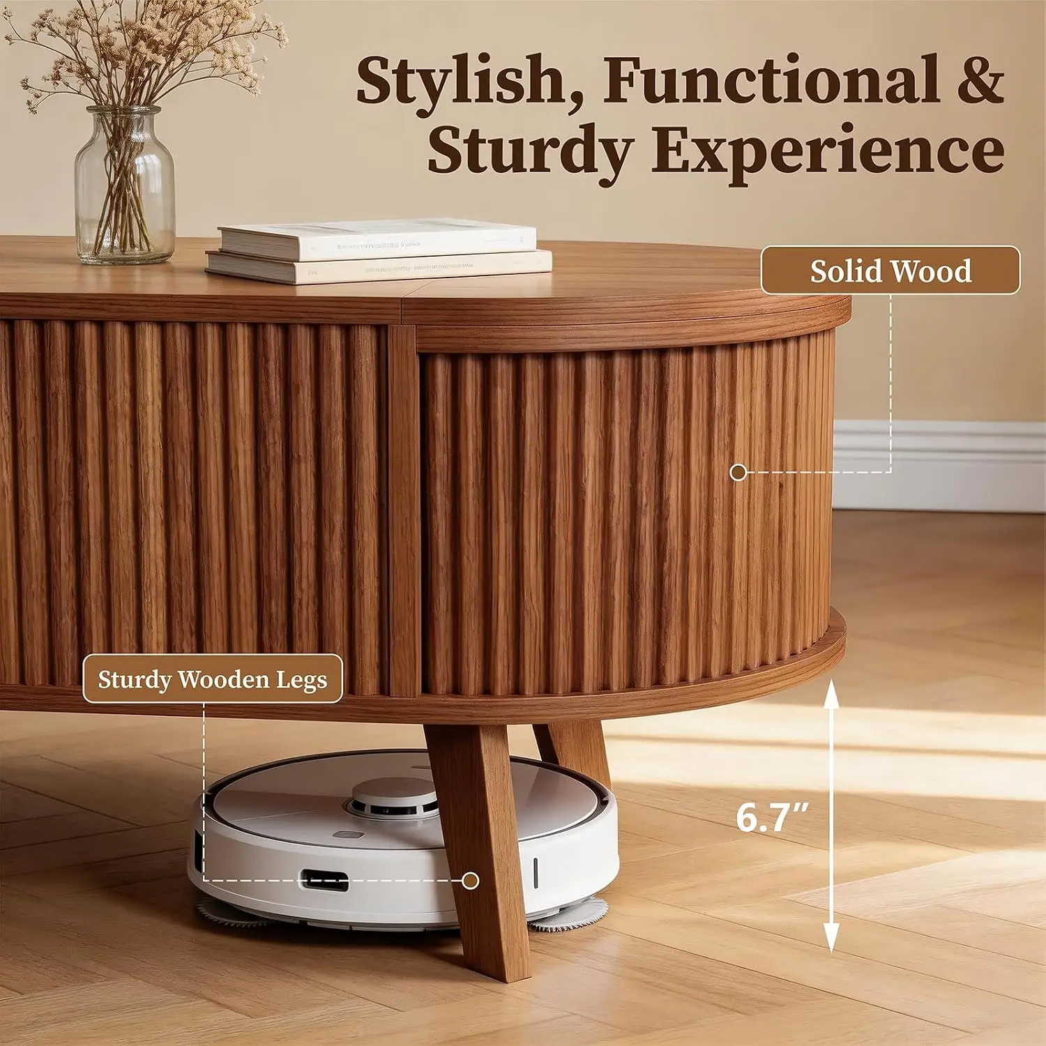 39.4" Oval Fluted Coffee Table with Lift Top, Hidden Storage, Walnut Mid Century Modern Farmhouse Small Center Table for Living Room, Home Office With 3 Compartments image 4