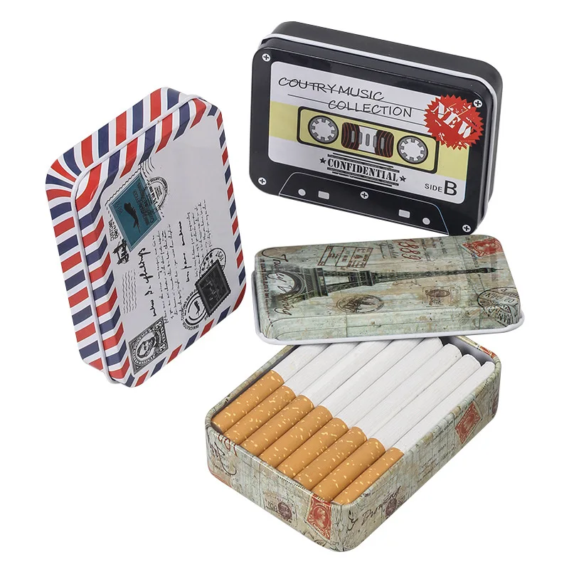 1pc Tin Cigarettes Cases Boxes Holder Sealed Tobacco Humidor Rolling Paper Storage Box Eiffel Tower Printed Smoking Accessories