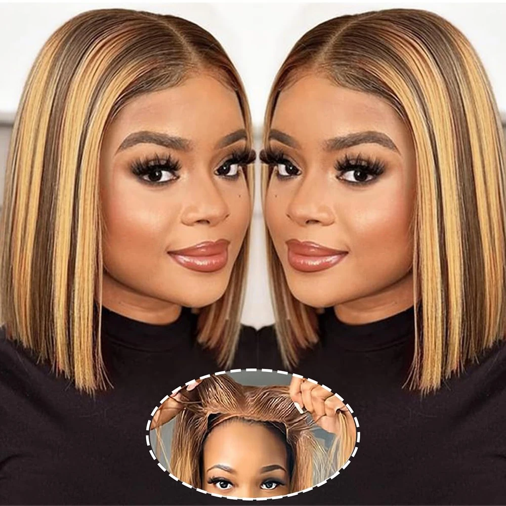 

Highlight Glueless Bob Wig Human Hair Pre Plucked Pre Cut 4/27 Wear and Go Short Straight Bob Lace Front Wigs for Black Women