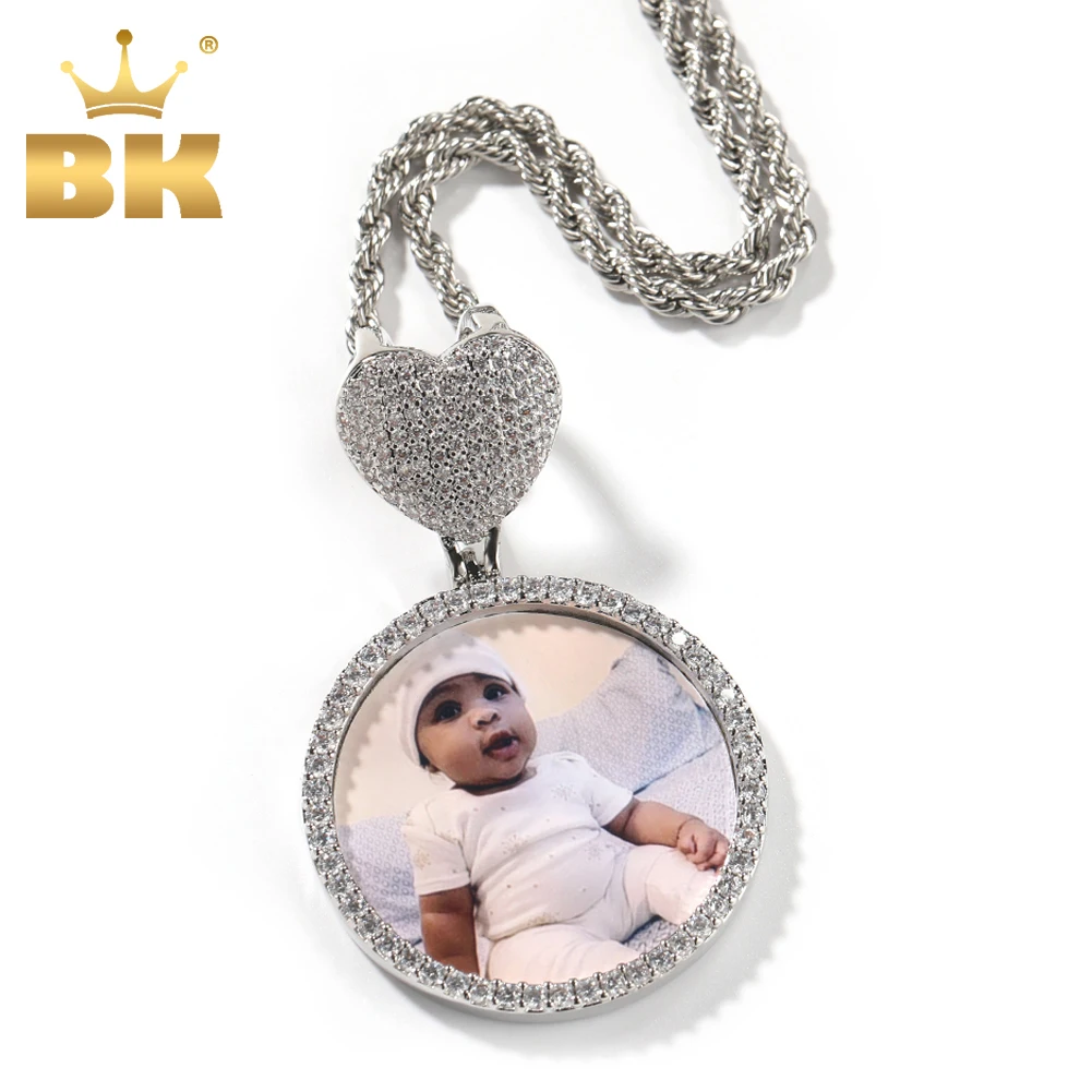 

THE BLING KING Round Heart Clasp Medallions Custom Photo Memory Pendant Engrave Name HipHop Jewlery Personalized Men Women Gifts