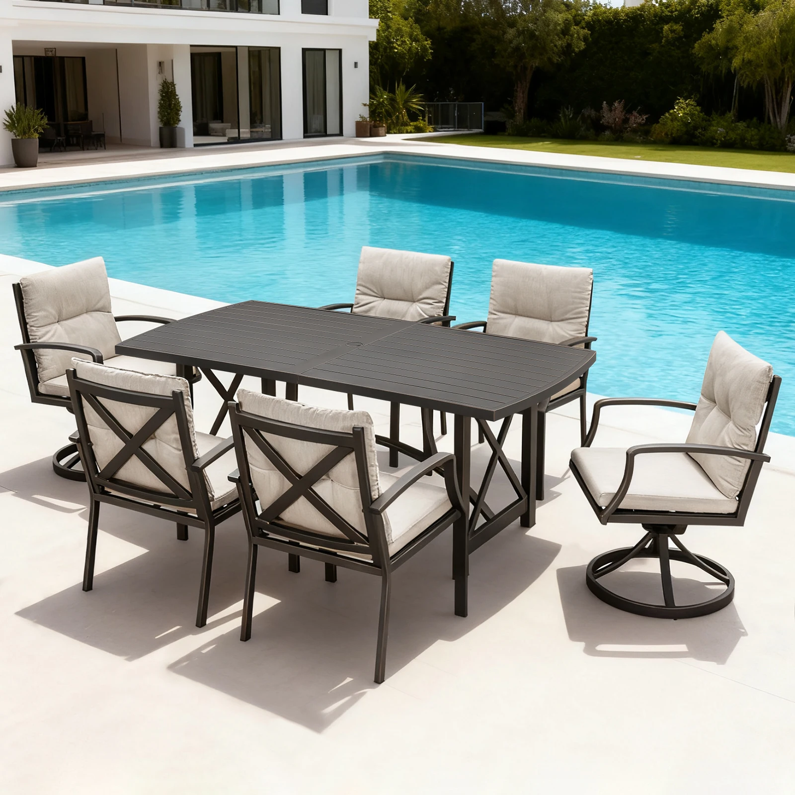 SeeHill Gunmetal 7-Piece Outdoor Dining Set, Patio Table with 4 Chairs and 2 Swivel Chairs, Aluminum Furniture