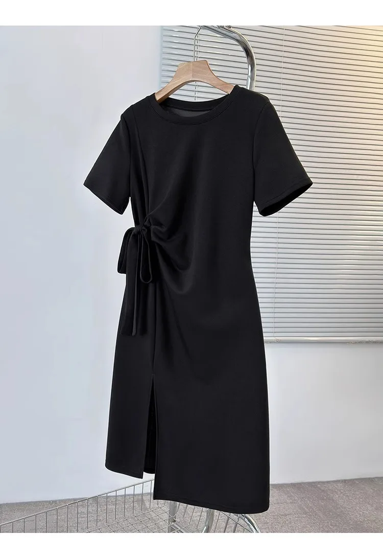 فستان بخصر من الدانتيل بتصميم رقبة دائرية للنساء في الصيف بالإضافة إلى حجم الدهون مم فستان تي شيرت أنيق على الطراز الكوري الجديد