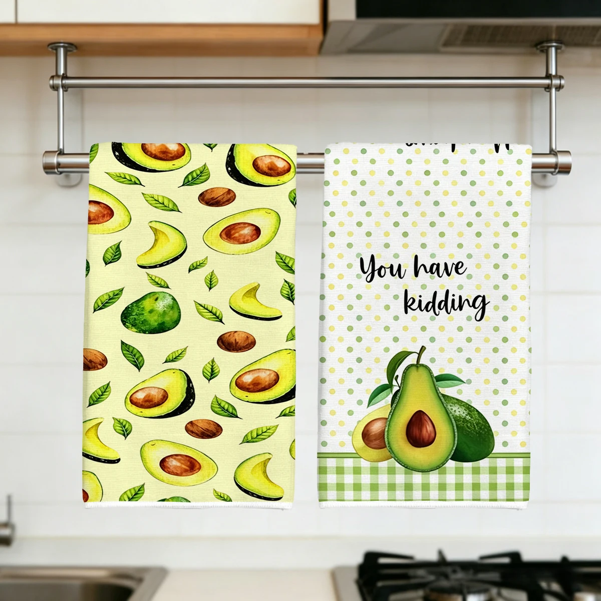2pcs green avocado themed printed kitchen tea towels, absorbent and quick drying kitchen towels, cooking and baking towels