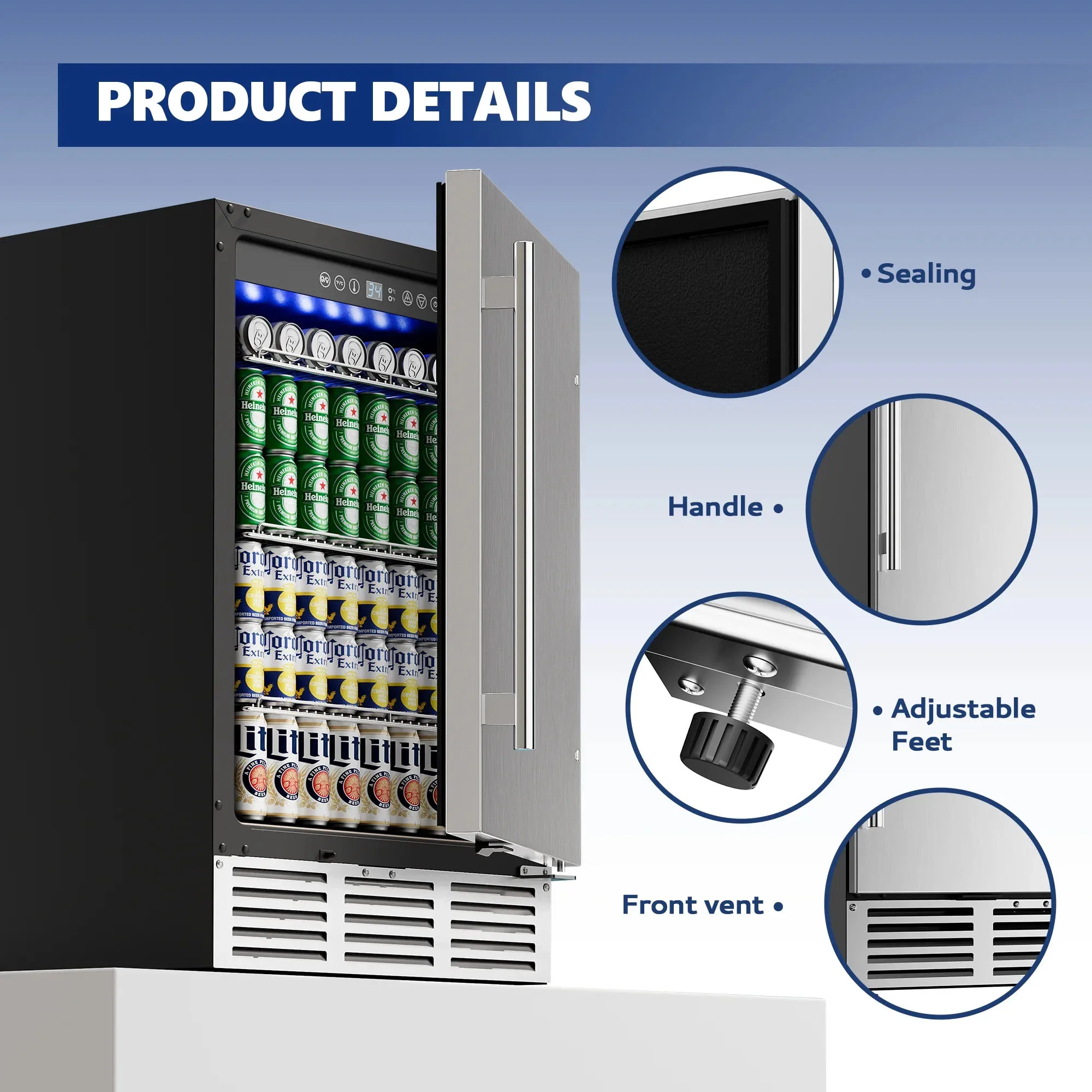SIMZLIFE 4.8 Cu.ft. Undercounter Freestanding Stainless Steel Door Beverage Refrigerator, 23.4 in W, 34.25 in H