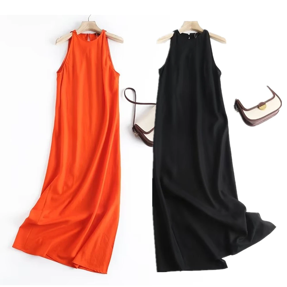 Withered New Women's Loose Cotton Linen Solid Beach Maxi Dress Sexy Halter 2024 Spring/Summer Dress