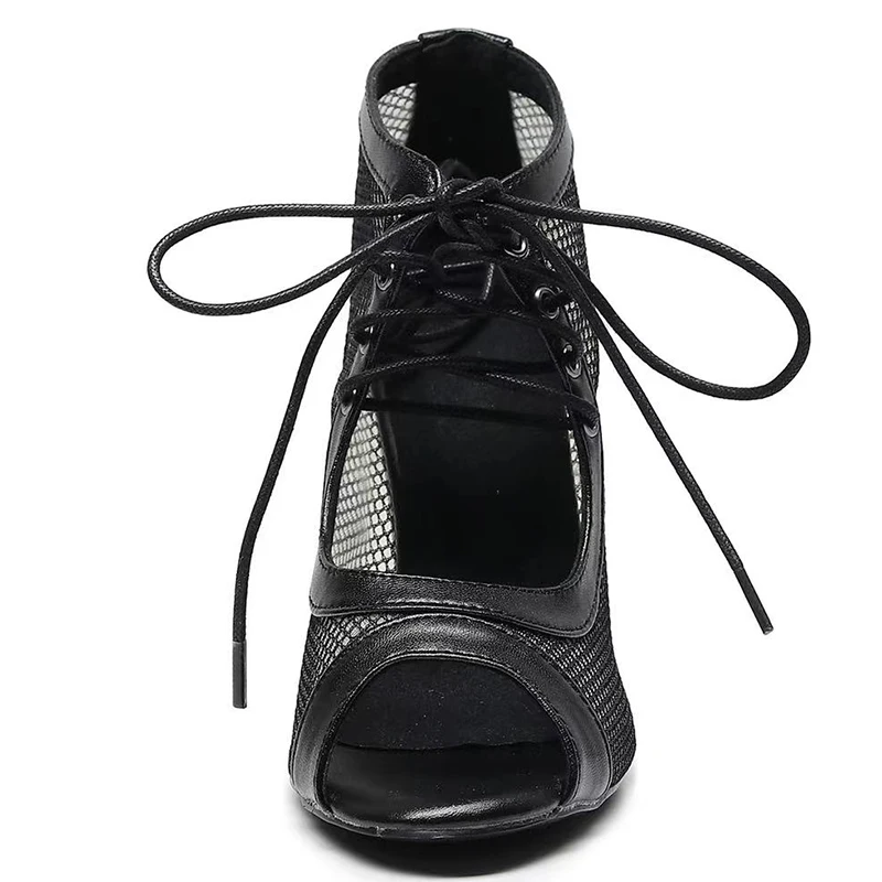 Woman Mesh Latin Ballroom Ankle Dance Botties Girls Lace Up Black Stiletto Bootie Women High Heels Dance 8.5cm 10cm 11cm