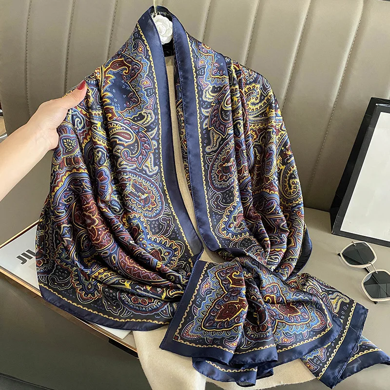Mode Druck Große Schal Wraps Seide Schal Frauen Luxus Marke Satin Stirnband Hijab Bandana Turban Foulard Sommer Strand Stolen – Detail 11