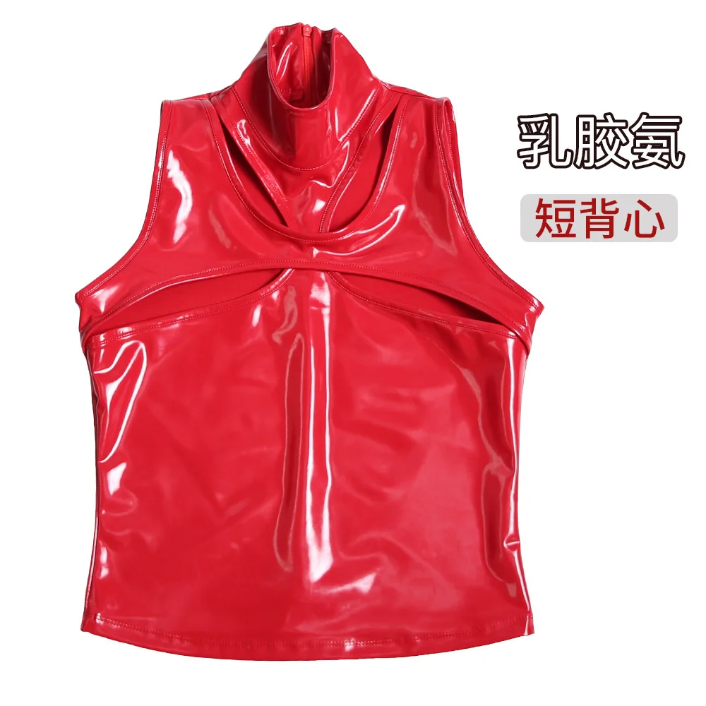 Women Sexy High Neck Open Bust PU Leather Vest Stretchy Glossy Sleeveless Stage Performance