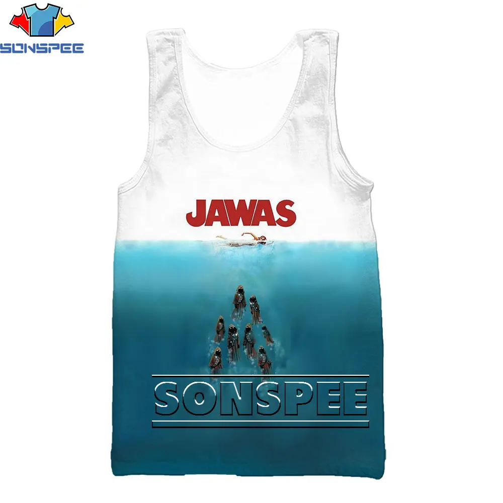 SONSPEE Classic Movie Jaws Men's Tank Tops Summer Harajuku Hip Hop Sleeveless 3D Print Men Women Vintage Shark Loose Tops Vest