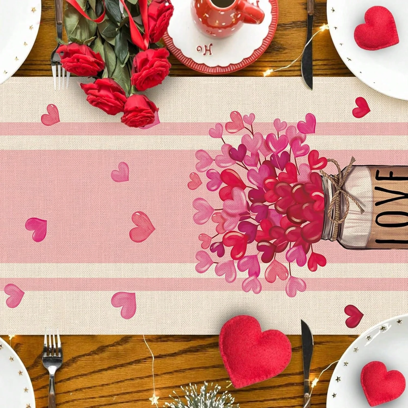 Valentine'S Day Table Runner Romantic Red Heart Mason Jar Anniversary Design Indoor & Outdoor Dining Home & Restaurant Decor