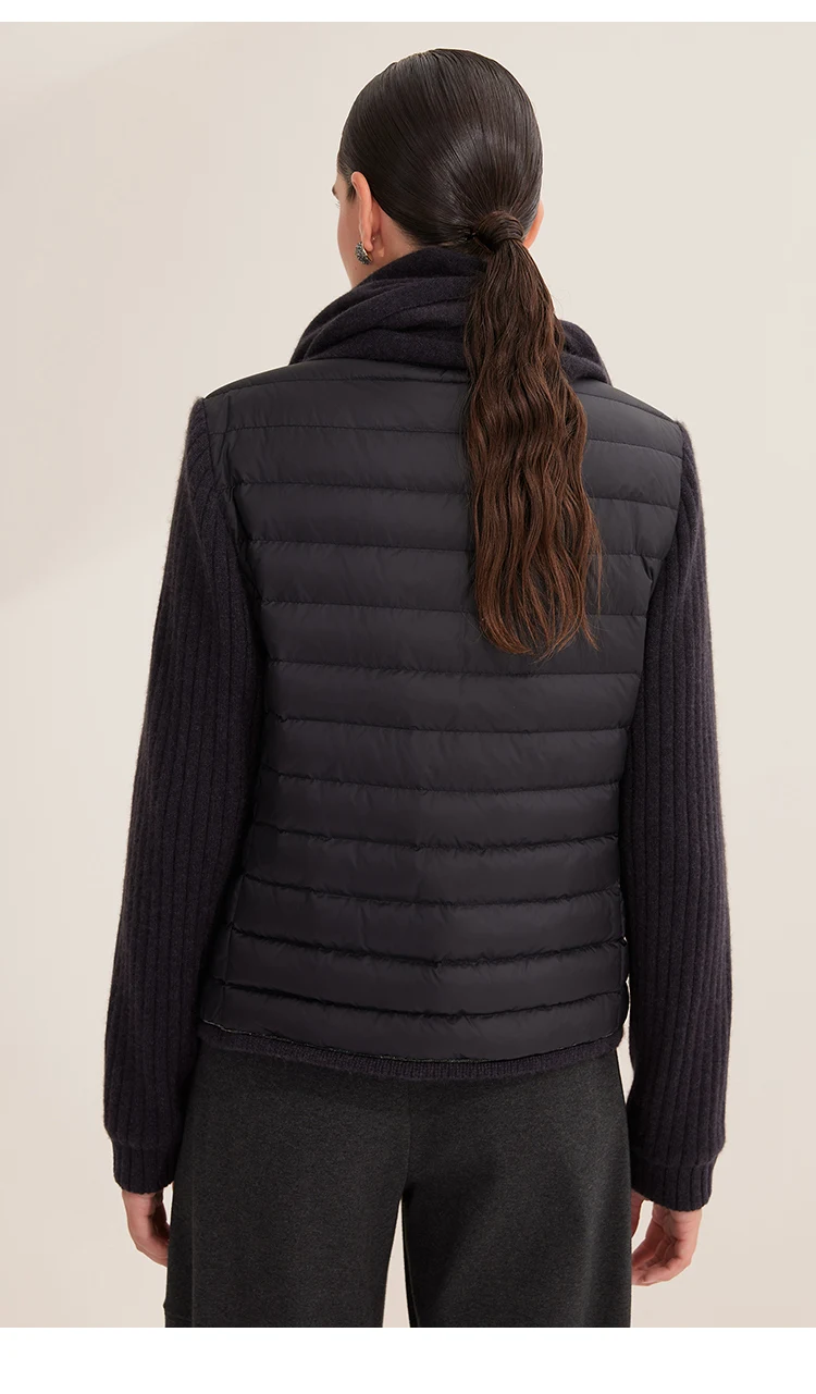 BY3521202 Damen Gesteppter Gänsedaunenmantel mit Kaschmirärmeln, Stricktaschen und Knopfleiste Vorne, Warme Leichte Winterjacke – Detail 12