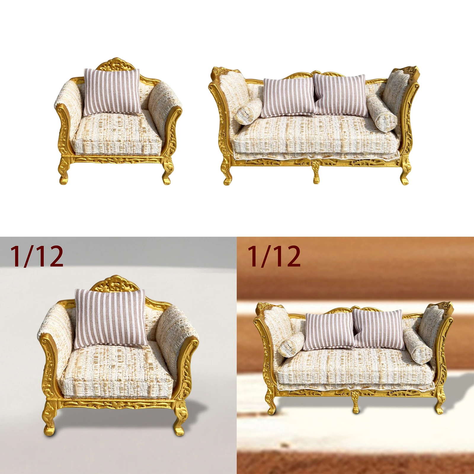 Sofá de madera en miniatura para casa de muñecas, modelo de sofá decorativo en miniatura dorado para casa de muñecas