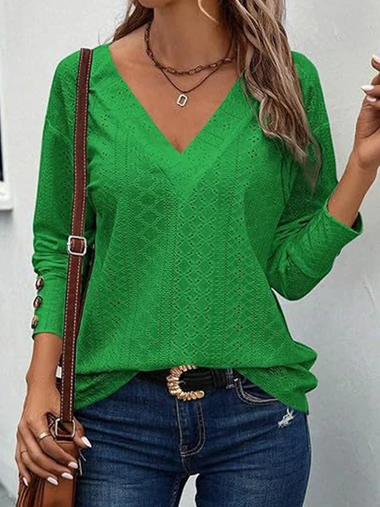 Solid Color Sexy Women Long Sleeve White Blouses Women V Neck Loose Casual Hollow Out Blouse Women Streetwear Fashion Pullover