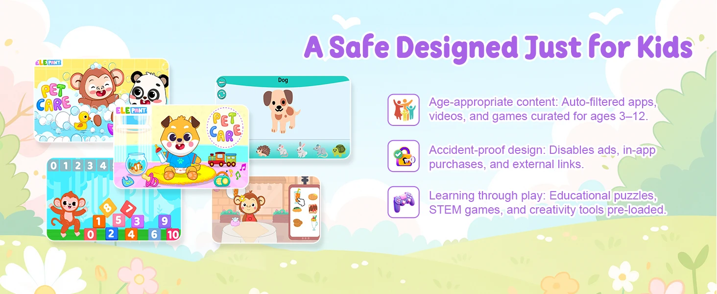 10.1 Inch Kids Tablet 24GB(3+21G) RAM 64GB ROM Android16 GMS Certified A333 Five-Core HD IPS 6000mAh Parental Control With Shockproof Silicone Case Stand Children Learning Tablet PC Purple Blue