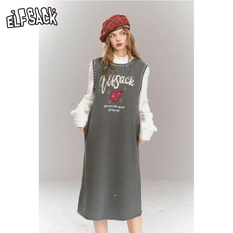 

ELFSACK 2024 Winter New Arrivals Sweet Preppy style long sleeved fake two-piece patchwork lace knit H-shaped long dress for wome