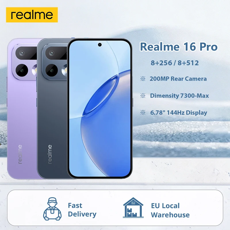 Version globale du smartphone Realme 16 Pro 5G, 256 Go/512 Go, appareil photo 200 MP, écran AMOLED de 6,78 pouces avec 144 Hz, MediaTek Dimensity 7300 Max, NFC, sans chargeur, batterie 6500 mAh, fonction de charge ultra-rapide 45 W