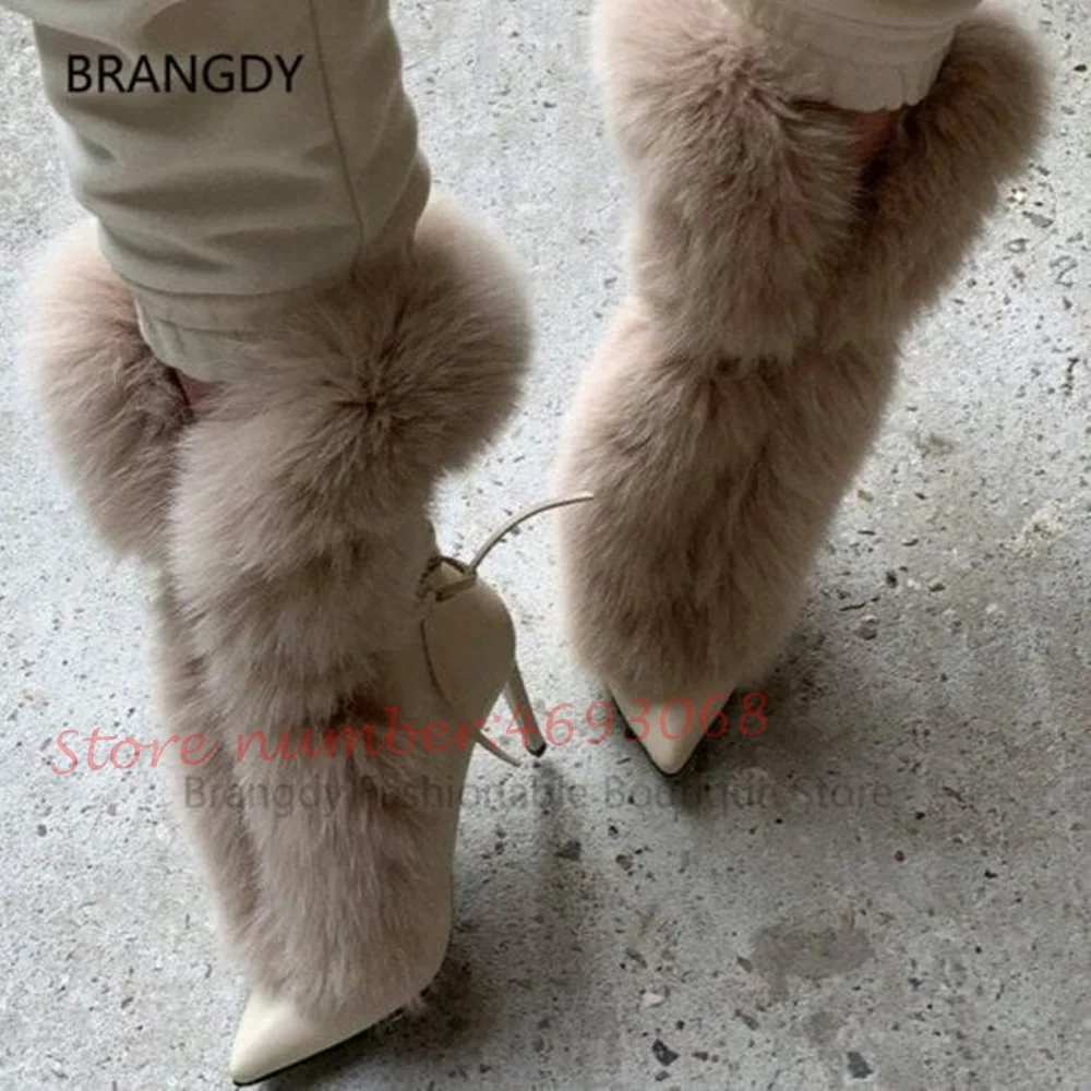 Fluff Pointy Women Ankle Boots Newest White Fur High Stiletto Heels Lace-up Short Boots Female Luxury Slip On Fashion Shoes