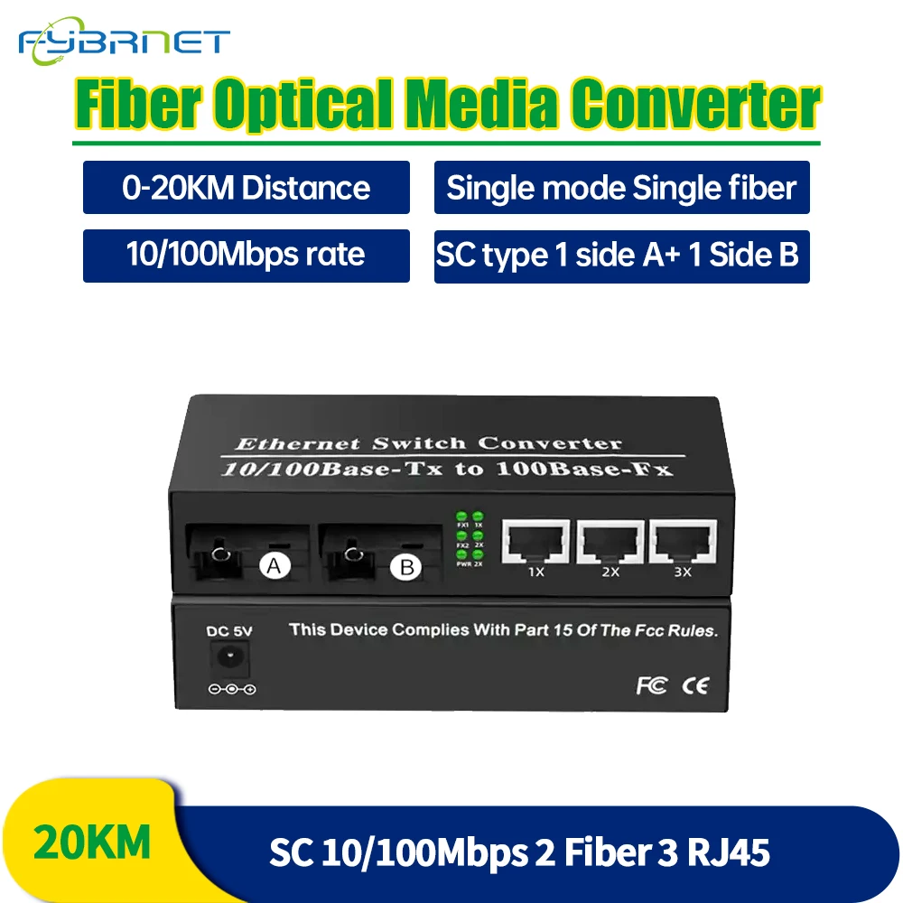 2F3E 10/100M Fast Ethernet 2 Fiber 3 RJ45 fiber switch Optical Media Converter Ethernet SC Single Mode Fiber Switch