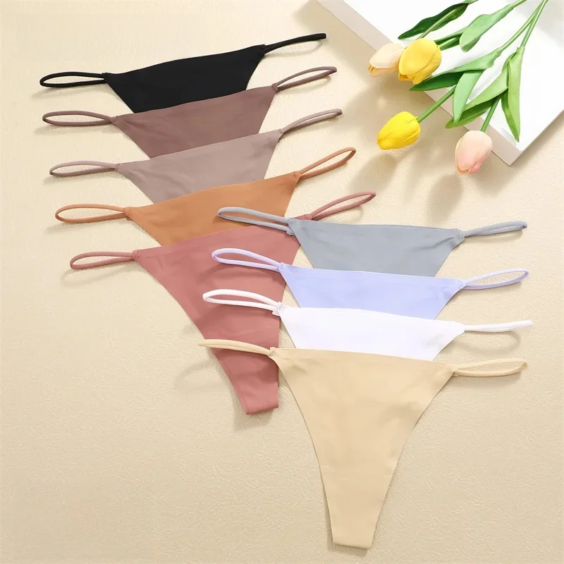 FINETOO 3 szt. Damskie bezszwowe stringi seksowne majtki bikini z niską talią kobiece kalesony bezśladowe damskie jednokolorowe T-back XS-XL — zdjęcie 2