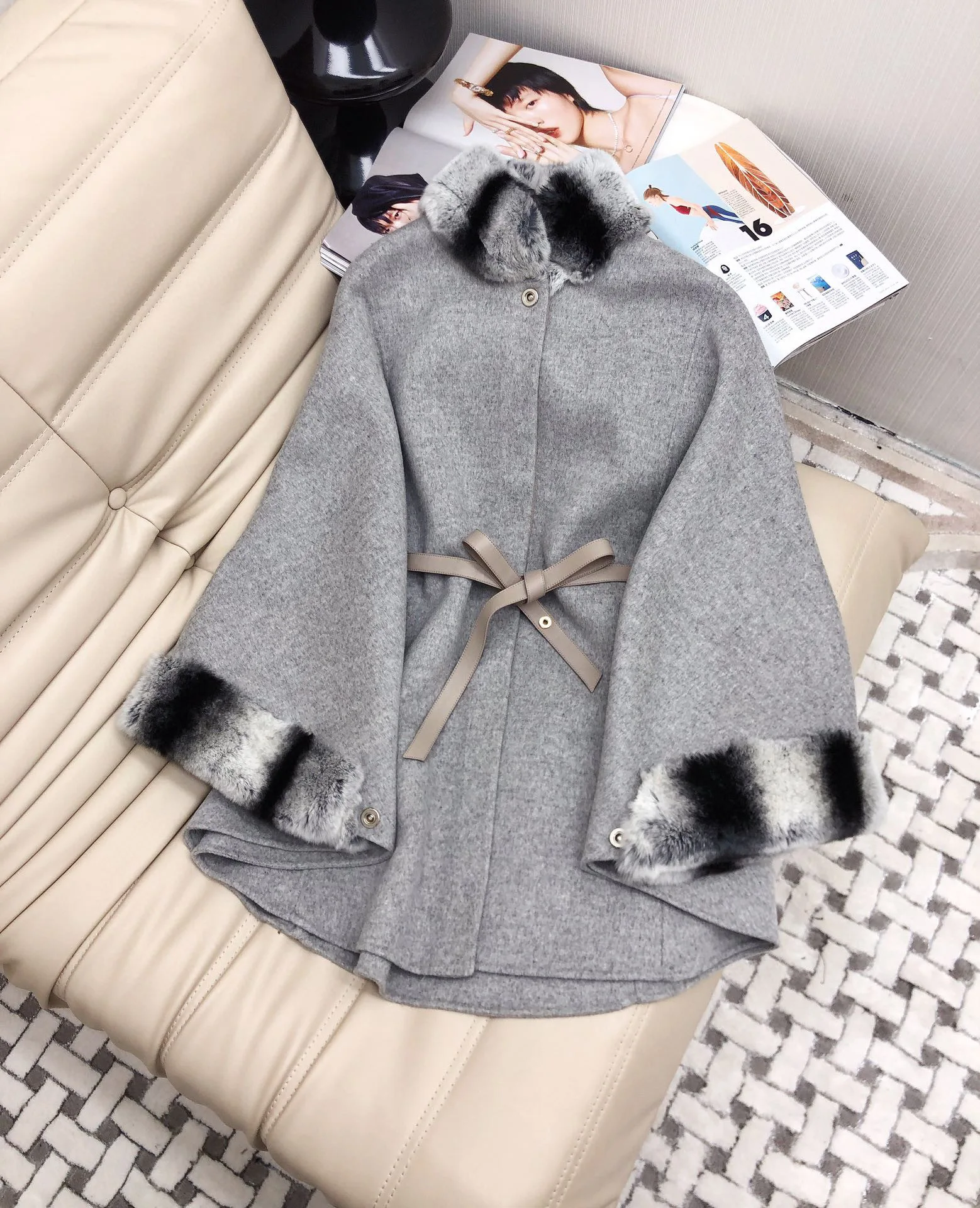 Fur Collar Cuffs Belted Cashmere Cape Coat